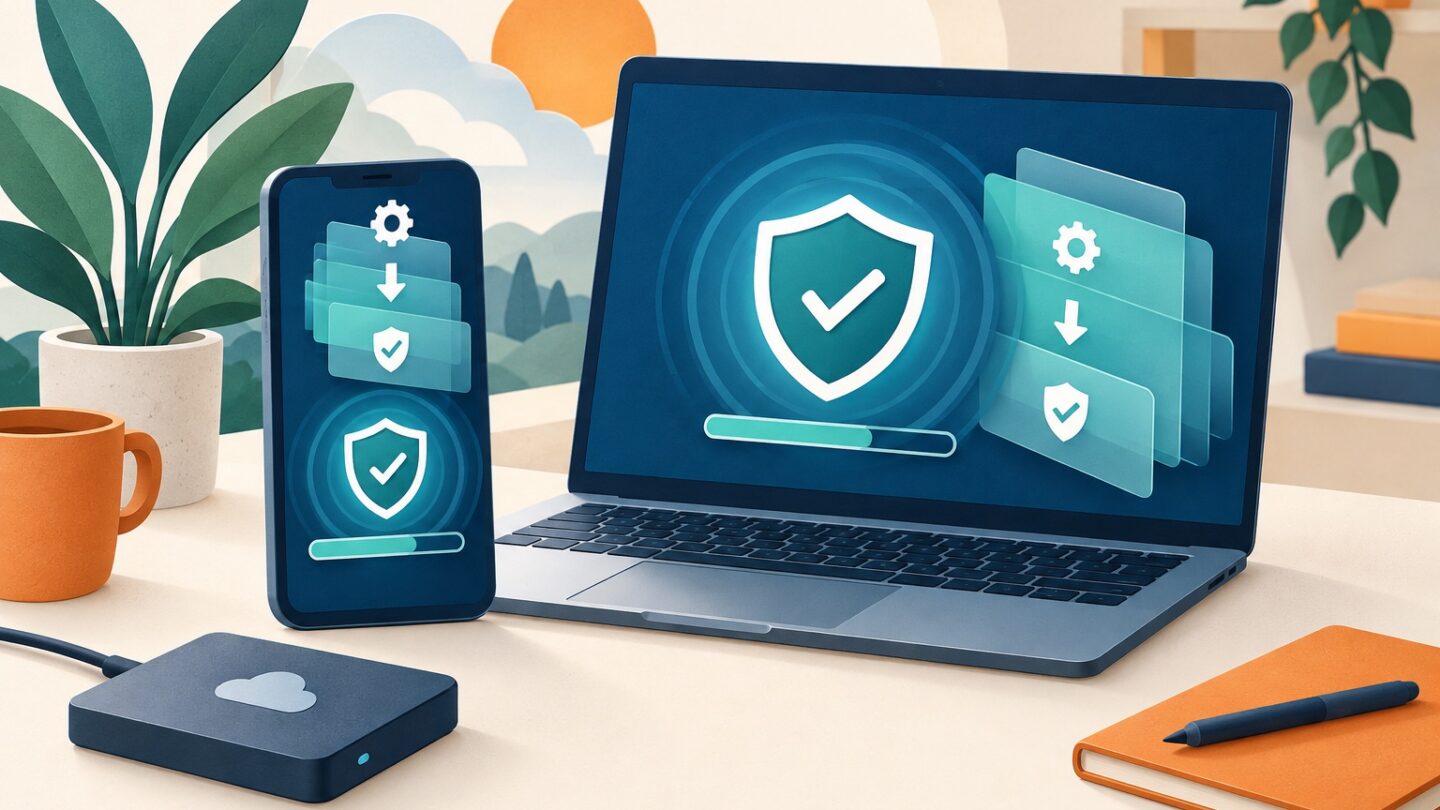 Téléphone et ordinateur protégés par une couche antivirus et des mises à jour