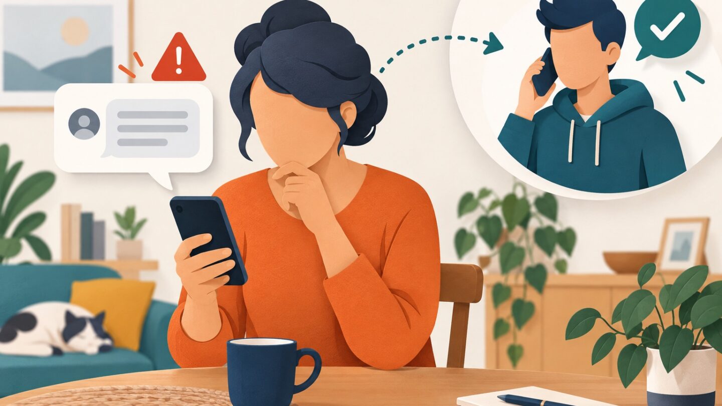 Parent vérifiant un message suspect sur téléphone en appelant un proche par un autre moyen