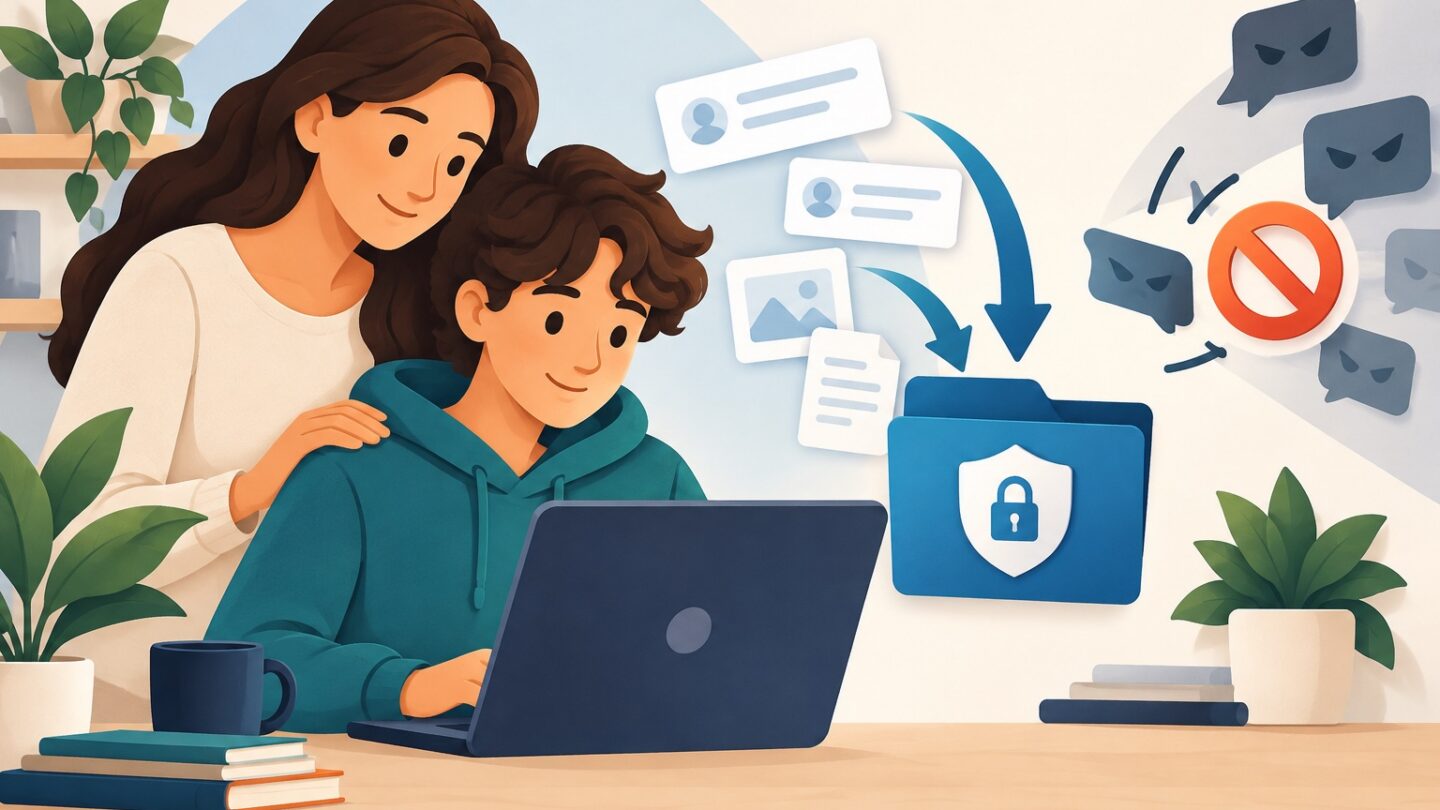 Personne accompagnée par un proche pendant qu’elle conserve les preuves d’un cyberharcèlement