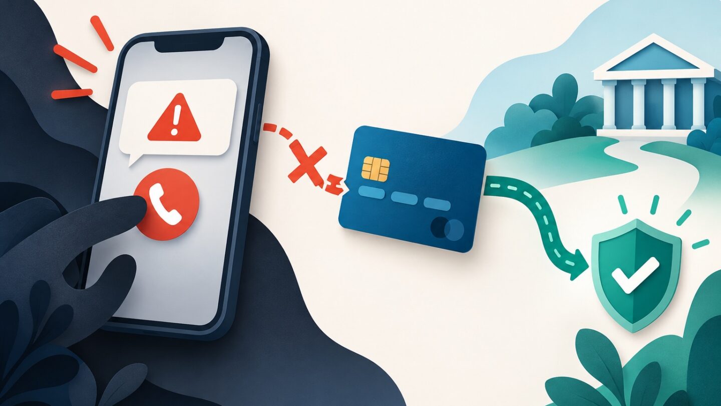 SMS bancaire suspect avec un combiné téléphonique barré et une carte protégée