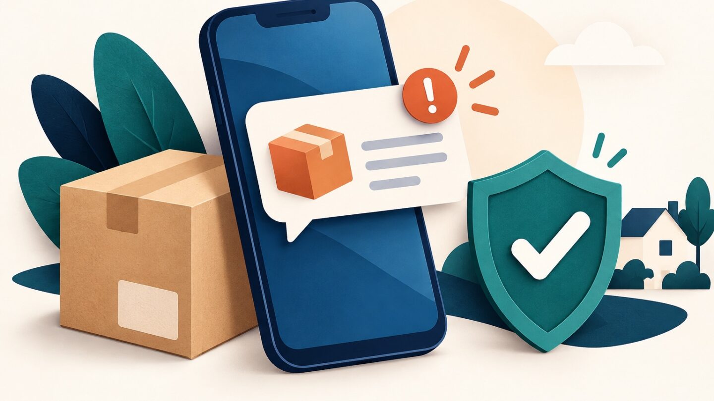 Téléphone affichant une notification de colis suspecte à côté d’un paquet, sans texte lisible