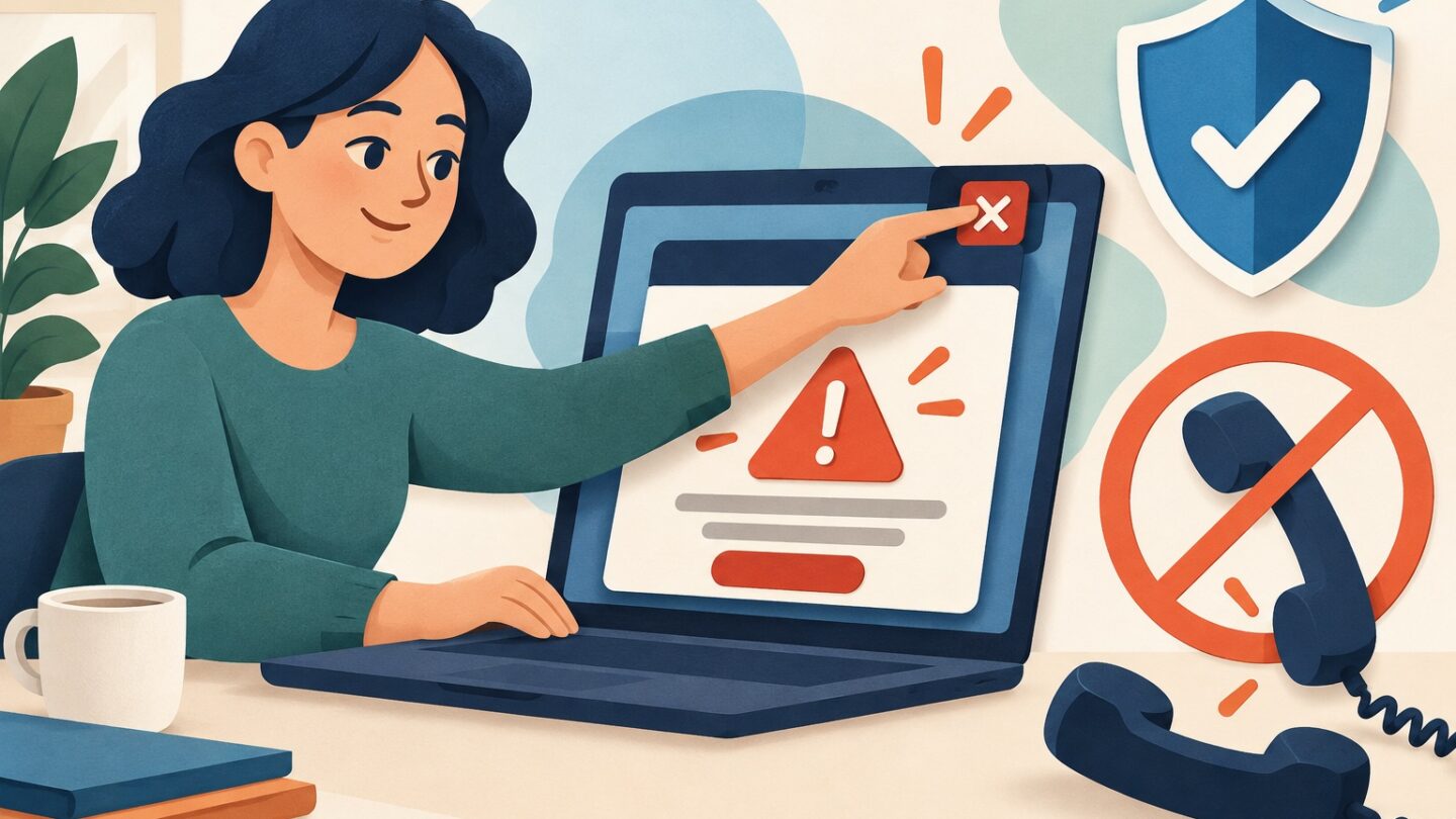 Utilisateur fermant calmement une fausse alerte technique sans appeler le numéro affiché