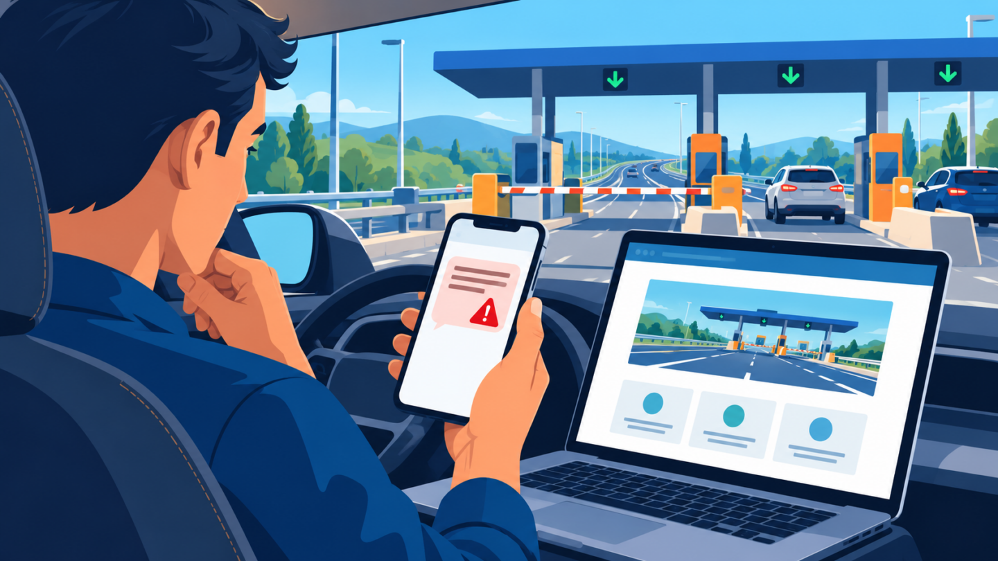 Automobiliste comparant un faux SMS de péage avec le site officiel saisi dans son navigateur