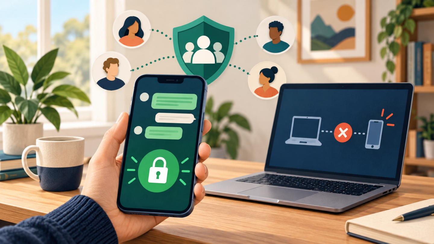 Téléphone affichant WhatsApp à côté d’un ordinateur où une session inconnue est déconnectée
