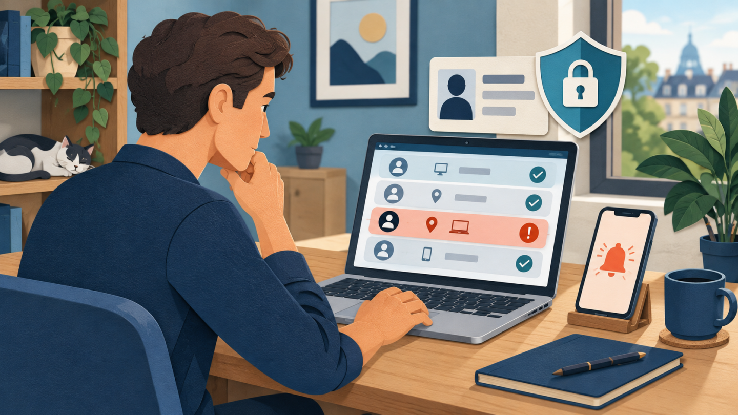 Personne vérifiant une alerte de connexion FranceConnect depuis le tableau de bord officiel