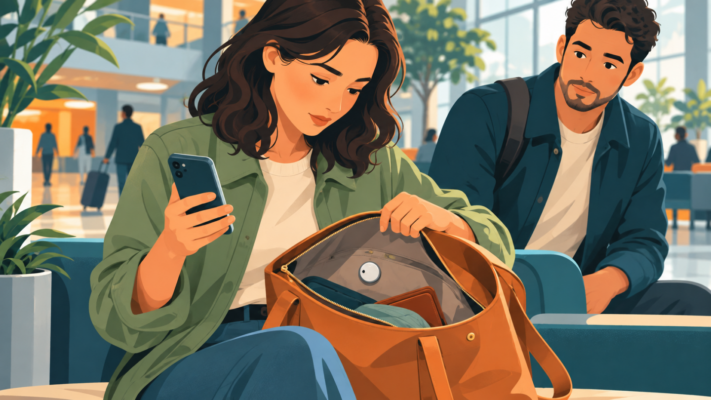 Téléphone affichant une alerte de traceur Bluetooth inconnu près d’un sac et de clés