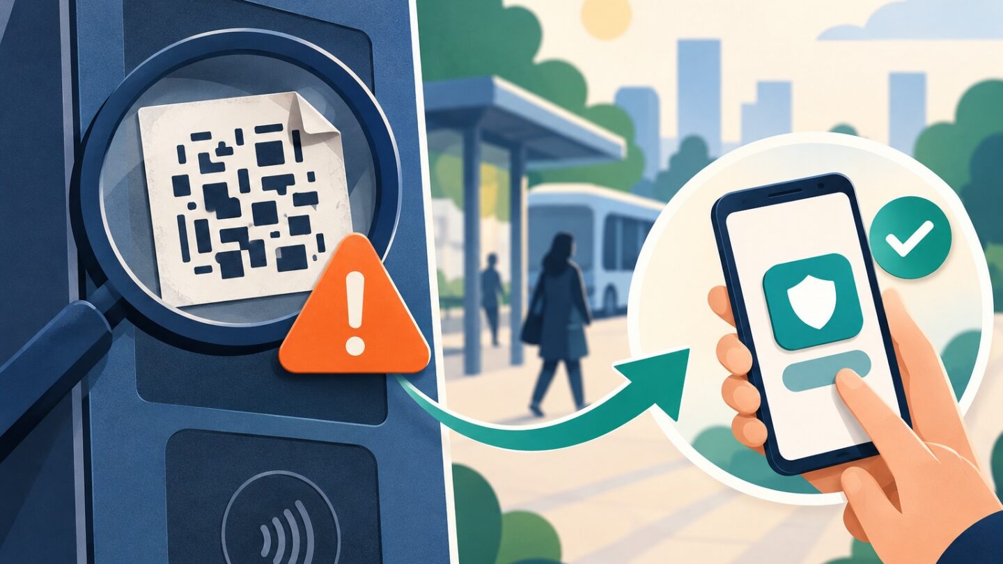 QR code observé à la loupe avec un symbole d’alerte, sans code réellement scannable