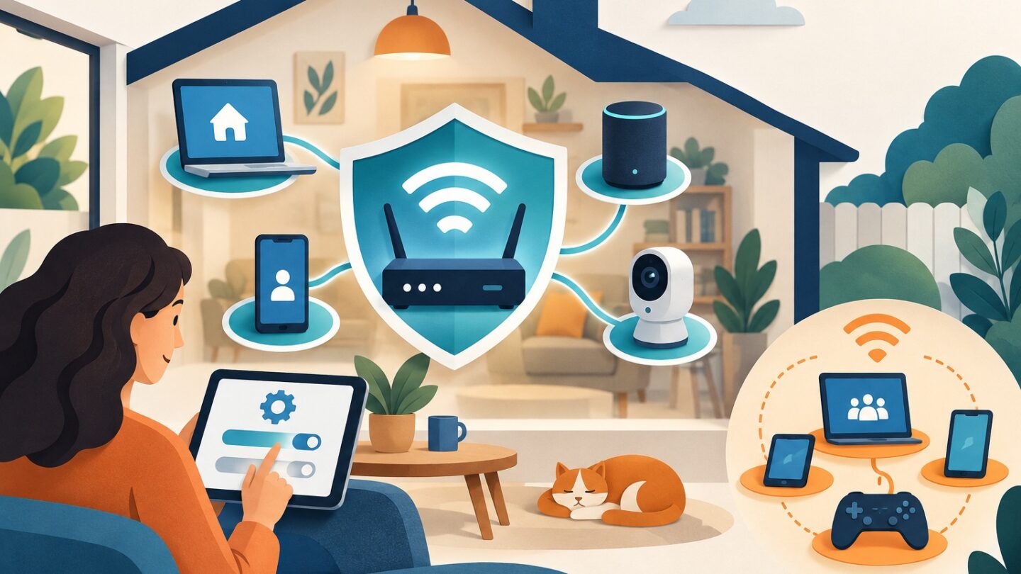 Box Wi-Fi domestique séparant ordinateurs, invités et objets connectés sur des réseaux protégés