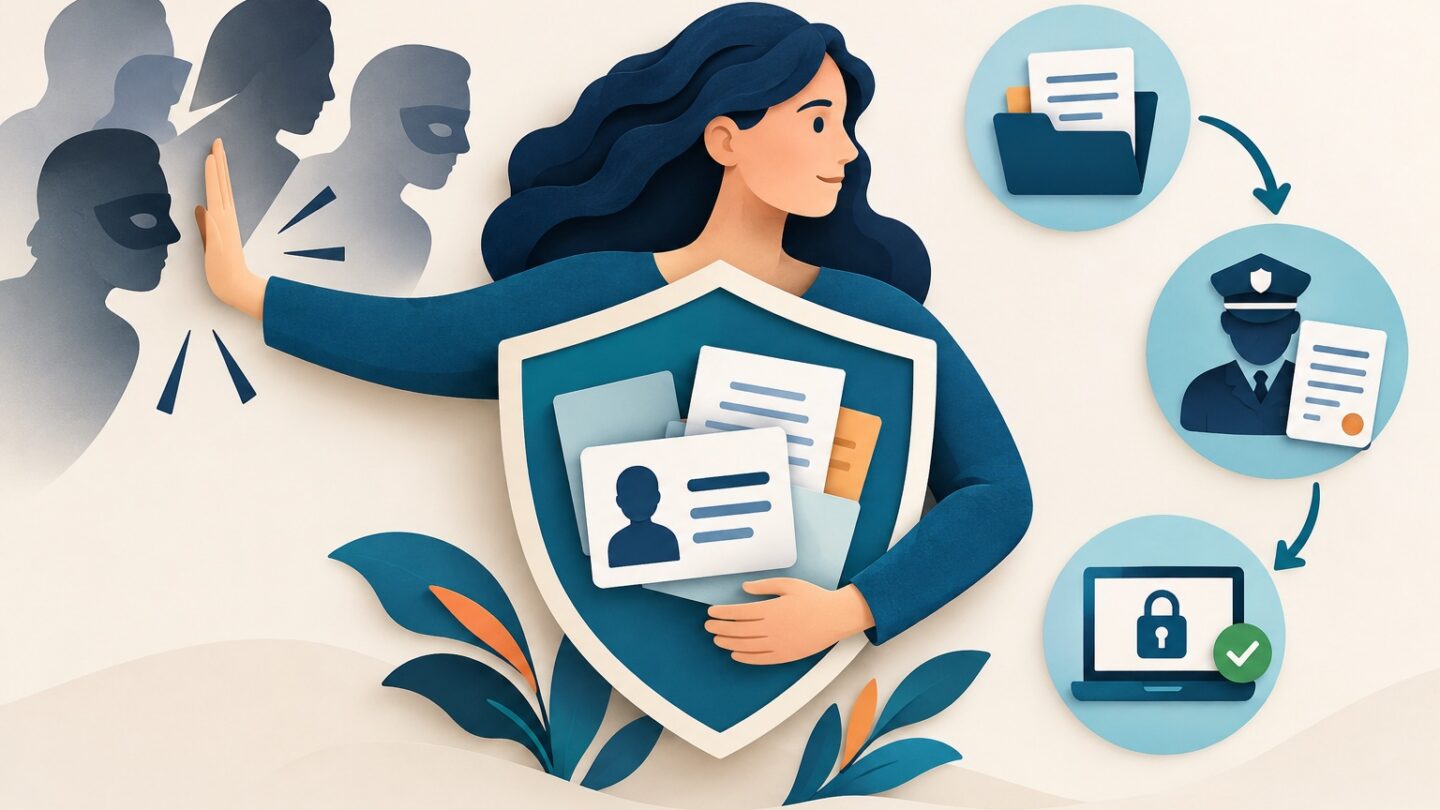 Victime d’usurpation classant ses preuves et sécurisant ses documents d’identité