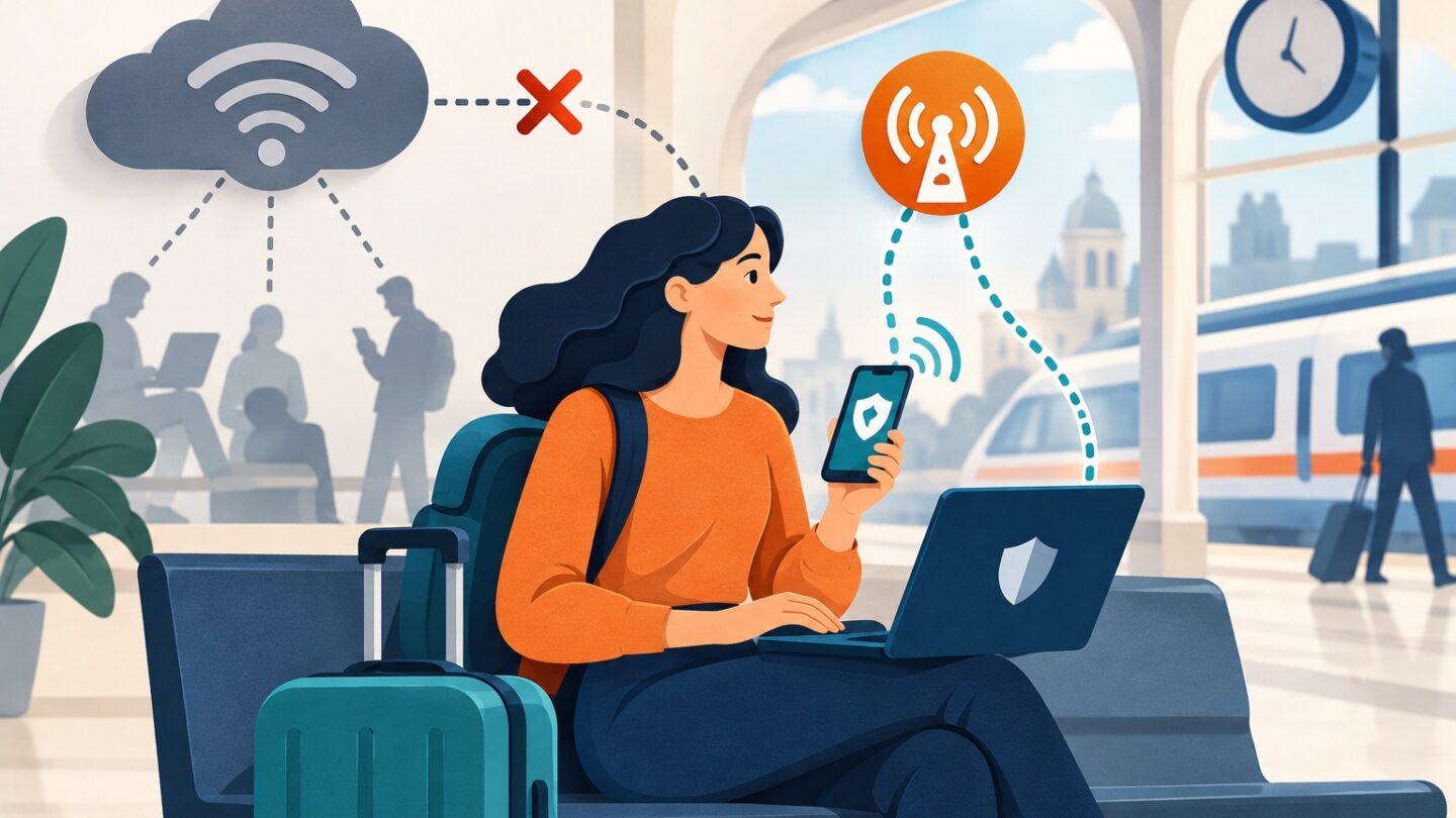 Voyageur choisissant une connexion mobile sécurisée plutôt qu’un réseau Wi-Fi public inconnu