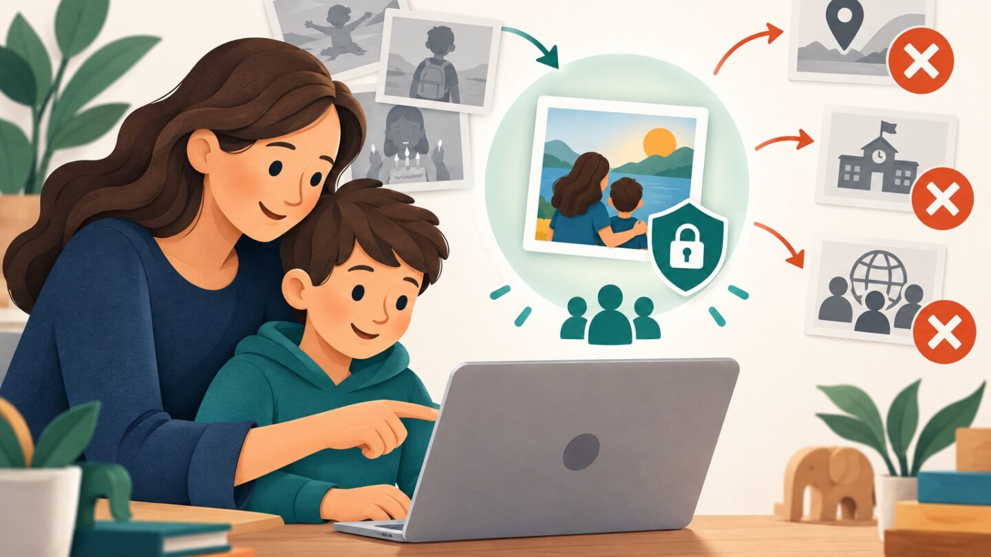 Parent et enfant choisissant ensemble une photo à partager dans un cercle privé